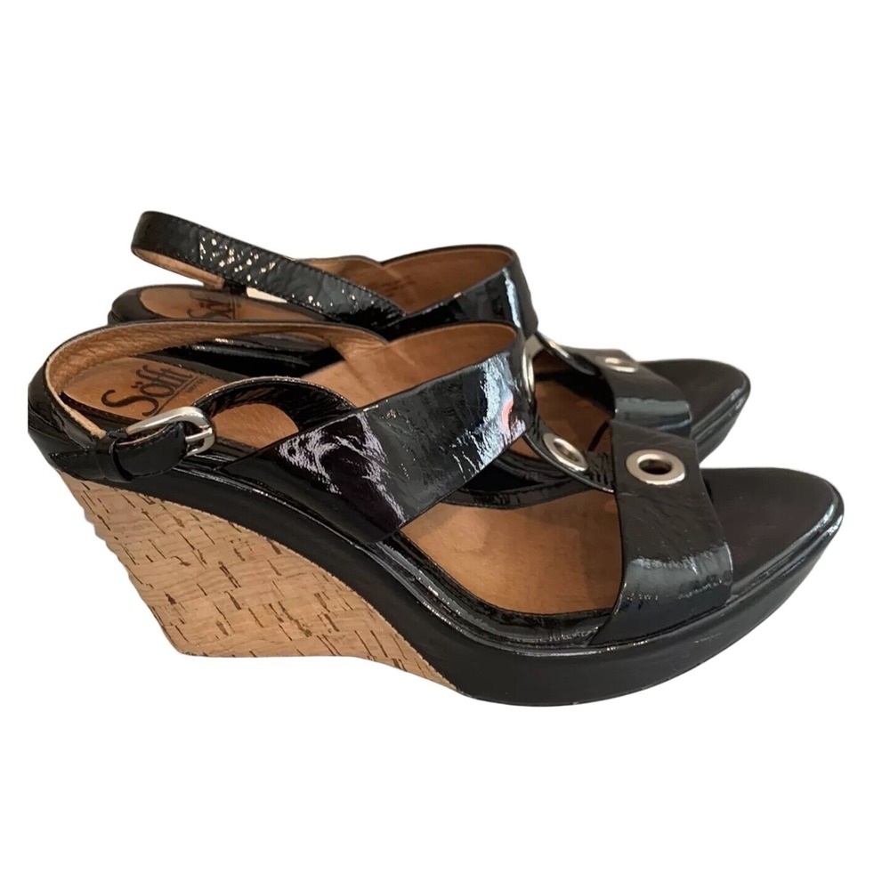 Sofft Wedge Sandals Women 8.5M Black Patent Leather Grommet Cork Slingback Heels - Picture 3 of 8